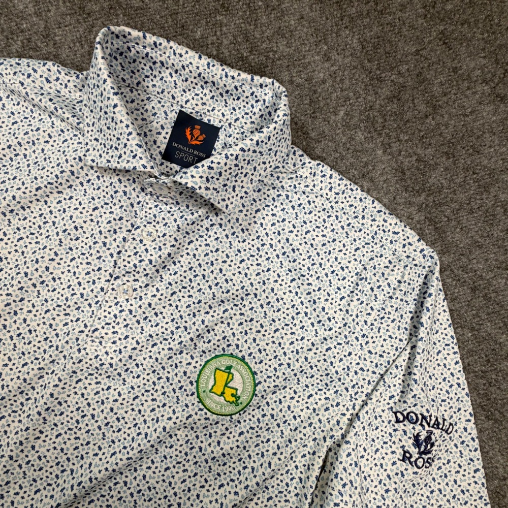 Donald Ross Sport Mens Medium White Blue Floral Polo Louisiana Golf Assoc 0748